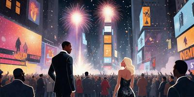 The image is a black and white illustration of a man and a woman standing in front of a city skyline at night. The man is wearing a suit and tie, while the woman is dressed in a gown. They are both looking up at the fireworks display, which is illuminating the sky above them. The scene is set in a bustling city environment, with numerous people visible in the background, some of them also looking up at the fireworks. The overall atmosphere of the image is festive and lively